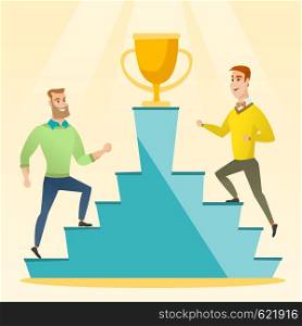 Two caucasian business men competing to get golden trophy. Two competitive business men running up for the winner cup. Business competition concept. Vector flat design illustration. Square layout.. Two men competing for the business award.