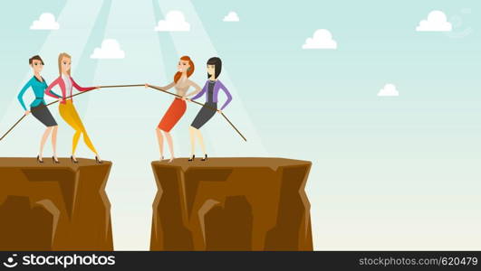 Two caucasian business team pulling rope on cliff. Competition between two teams of business people. Team work and competition in business concept. Vector flat design illustration. Horizontal layout.. Two groups of business people pulling rope.