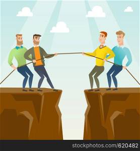 Two caucasian business team pulling rope on cliff. Competition between two teams of business people. Concept of team work and competition in business. Vector flat design illustration. Square layout.. Two groups of business people pulling rope.