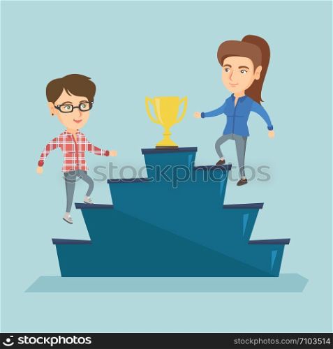 Two caucasian business women competing for the business award. Competitive business women running up for the winner cup. Business competition, award concept. Vector cartoon illustration. Square layout. Business women competing for the business award.