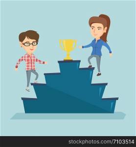 Two caucasian business women competing for the business award. Competitive business women running up for the winner cup. Business competition, award concept. Vector cartoon illustration. Square layout. Business women competing for the business award.