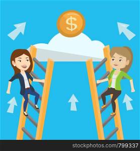 Two caucasian business women competing for the money. Two competitive businesswomen climbing the ladder on a cloud. Concept of competition in business. Vector flat design illustration. Square layout.. Two business women competing for the money.