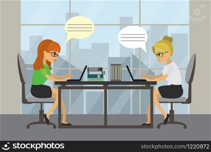 Two caucasian business women or office manager working and talking in modern office,flat vector illustration