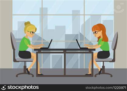 Two caucasian business women or office manager working in modern office,flat vector illustration