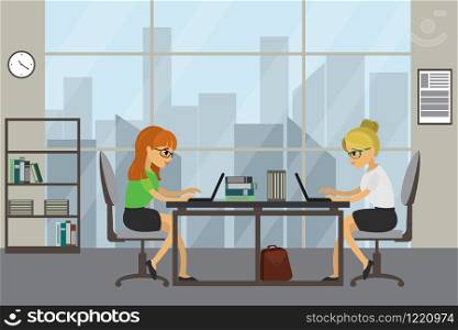 Two caucasian business women or office manager working in modern office,flat vector illustration