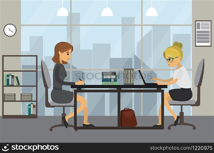 Two caucasian business women or office manager working in modern office,flat vector illustration.