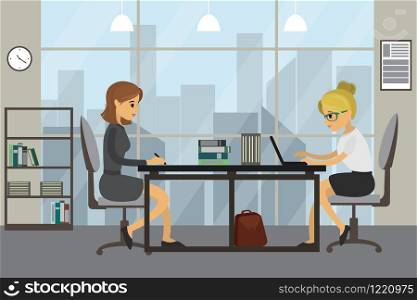 Two caucasian business women or office manager working in modern office,flat vector illustration.