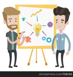 Two caucasian businessmen discussing a project. Group of businessmen working on project. Businessman drawing business project on a board. Vector flat design illustration isolated on white background.. Two businessmen discussing project near board.