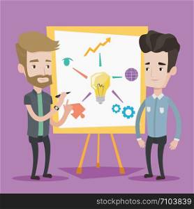 Two caucasian businessmen discussing a project near the board. Group of businessmen working together. Young men standing near the board with light bulb. Vector flat design illustration. Square layout.. Two businessmen discussing project near board.