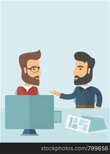 Two Caucasian businessmen with beard sitting while talking infront of laptop and documents agreeing on a business deal. Partnership, teamwork concept. A contemporary style with pastel palette soft blue tinted background. Vector flat design illustration.Vertical layout with text space on top part. Business deal