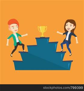 Two caucasian businesswomen competing to get golden trophy. Two competitive businesswomen running up for the winner cup. Business competition concept. Vector flat design illustration. Square layout.. Businesswomen competing for the business award.