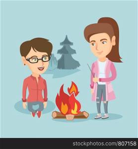 Two caucasian happy friends sitting near bonfire in the camping. Young friends relaxing near bonfire in the camping. Concept of travel and tourism. Vector cartoon illustration. Square layout.. Two friends sitting around bonfire in the camping.