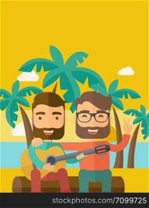 Two caucasian happy playing a guitar at the beach under a palm tree. Vector flat design illustration. Vertical layout with text space on top part.. Two men playing a guitar at the beach