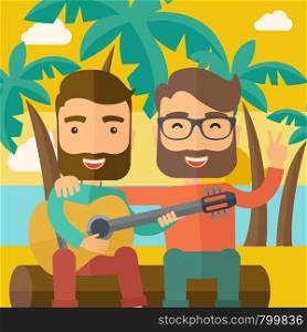 Two caucasian happy playing a guitar at the beach under a palm tree. Vector flat design illustration. Square layout.. Two men playing a guitar at the beach