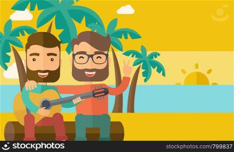 Two caucasian happy playing a guitar at the beach under a palm tree. Vector flat design illustration. Horizontal layout.. Two men playing a guitar at the beach