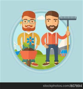 Two caucasian hipster man standing with a rake and a flower in a wheelbarrow on the background of solar panels and wind turbines. Vector flat design illustration in the circle isolated on background.. Two men are going to plant flower.