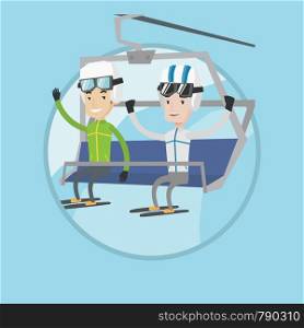 Two caucasian men sitting on ski elevator. Smiling skiers using cableway at ski resort. Skiers on cableway at winter sport resort. Vector flat design illustration in the circle isolated on background.. Two happy skiers using cableway at ski resort.