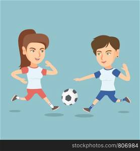 Two caucasian sportswomen playing football. Young football players fighting over the control of a ball during a football match. Sport and leisure concept. Vector cartoon illustration. Square layout.. Two caucasian soccer players fighting for a ball.