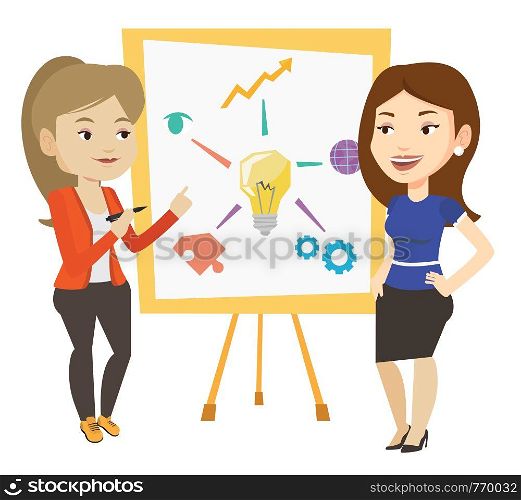 Two caucasian students discussing a project. Group of young students working on a project. Female student drawing project on a board. Vector flat design illustration isolated on white background.. Two students discussing project near board.