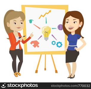 Two caucasian students discussing a project. Group of young students working on a project. Female student drawing project on a board. Vector flat design illustration isolated on white background.. Two students discussing project near board.