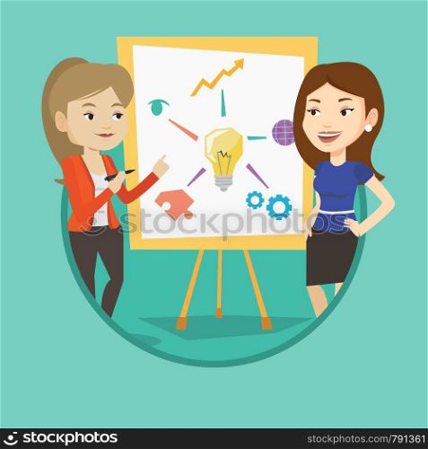 Two caucasian students discussing a project. Group of young students working on project. Students drawing project on a board. Vector flat design illustration in the circle isolated on background.. Two students discussing project near board.