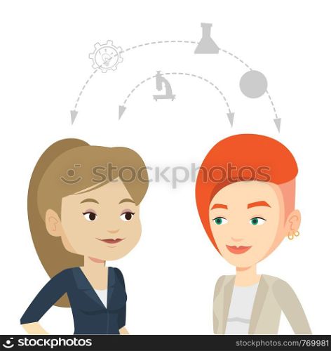 Two caucasian students sharing with the ideas during brainstorming. Young students brainstorming. Concept of brainstorming in education. Vector flat design illustration isolated on white background.. Students sharing with the ideas.