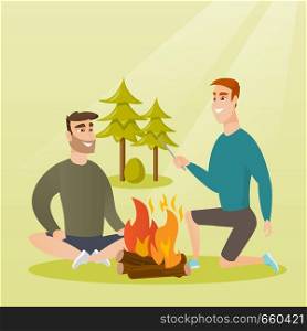 Two caucasian white happy friends sitting near bonfire in the camping. Young friends relaxing near bonfire in the forest. Concept of travel and tourism. Vector cartoon illustration. Square layout.. Two friends sitting around bonfire in the camping.