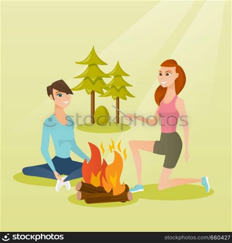 Two caucasian white happy friends sitting near bonfire in the camping. Young friends relaxing near bonfire in the forest. Concept of travel and tourism. Vector cartoon illustration. Square layout.. Two friends sitting around bonfire in the camping.