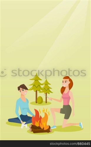 Two caucasian white happy friends sitting near bonfire in the camping. Young friends relaxing near bonfire in the forest. Concept of travel and tourism. Vector cartoon illustration. Vertical layout.. Two friends sitting around bonfire in the camping.