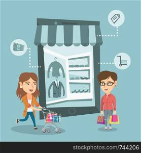 Two caucasian women walking in the store that looks like a tablet computer. Young happy women doing online shopping. Women using mobile shopping. Vector cartoon illustration. Square layout.. Women walking in store that looks like a tablet.