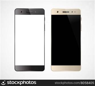 Two cell phones. Two smartphones isolated on white background. Cell phone mockup design. Mobile phone with blank screen. Vector illustration.