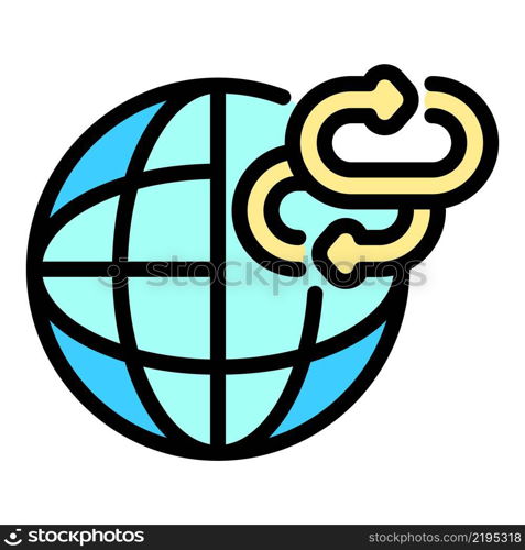 Two chain links and globe icon. Outline two chain links and globe vector icon color flat isolated. Two chain links and globe icon color outline vector