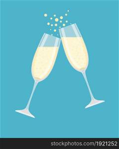 Two champagne glasses. Cheers. Celebration. Holiday toast. Vector illustration flat style .. Two champagne glasses.