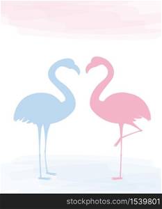 Two charmig pink flamingo in love, Valentine day card. Love, tenderness concept. Vector.