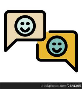 Two chat bubbles with smiles icon. Outline two chat bubbles with smiles vector icon color flat isolated. Two chat bubbles with smiles icon color outline vector