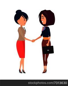 Two cheerful businesswomen s vector illustration with handshaking ladies in various dresses, red skirt, brown trousers, black tie, isolated on white. Two Cheerful Businesswomen s Vector Illustration