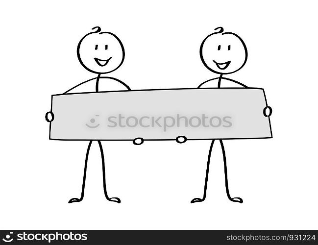 Two cheerful cartoon man holding a poster, a place for the text. Flat design.