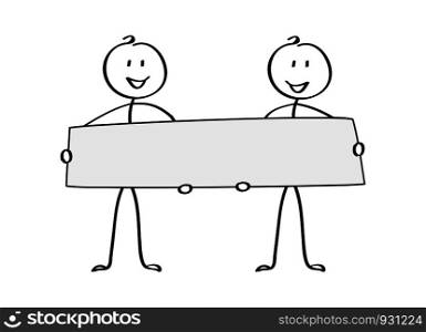 Two cheerful cartoon man holding a poster, a place for the text. Flat design.