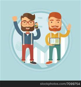 Two cheerful hipster businessmen celebrating their success on the background of increasing charts. Successful business concept. Vector flat design illustration in the circle isolated on background.. Two businessmen celebrating business success.