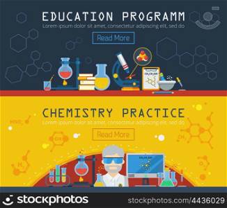 Two Chemistry Horizontal Banners . Chemistry horizontal banners set with equipment for education program and chemical practice flat vector illustration