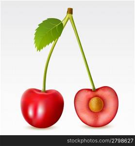 Two cherries on a white background