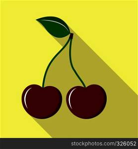 Two cherries on the peduncle with a leaf, a long shadow