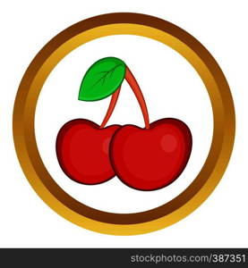 Two cherries vector icon in golden circle, cartoon style isolated on white background. Two cherries vector icon