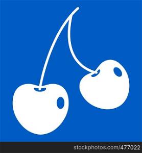 Two cherry berries icon white isolated on blue background vector illustration. Two cherry berries icon white