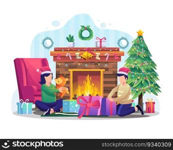 Two children are unwrapping Christmas holiday presents in front of the fireplace. vector illustration