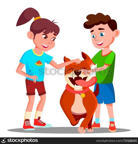 Two Children Petting A Happy Dog Vector. Illustration. Two Children Petting A Happy Dog Vector. Isolated Illustration