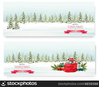 Two Christmas winter landscape banners with colorful presents Vector.