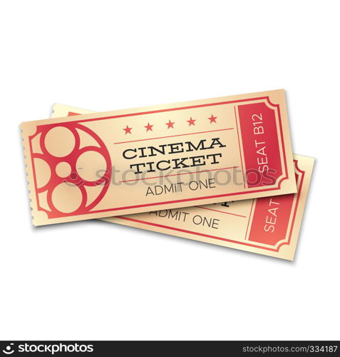 Two cinema or theater realistic tickets with barcode. Admit now coupons for pair entrance. Vector concept