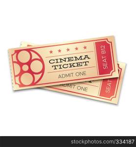 Two cinema or theater realistic tickets with barcode. Admit now coupons for pair entrance. Vector concept