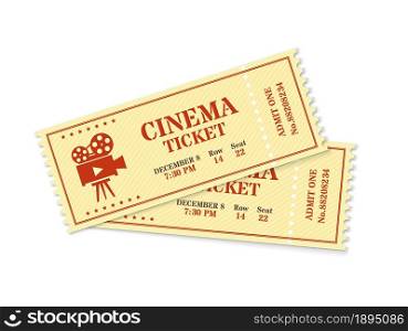 Two cinema tickets, realistic movie ticket mockup. Old vintage movies show entrance pass, film festival admission coupon vector template. Permission to enter to watch movie isolated. Two cinema tickets, realistic movie ticket mockup. Old vintage movies show entrance pass, film festival admission coupon vector template